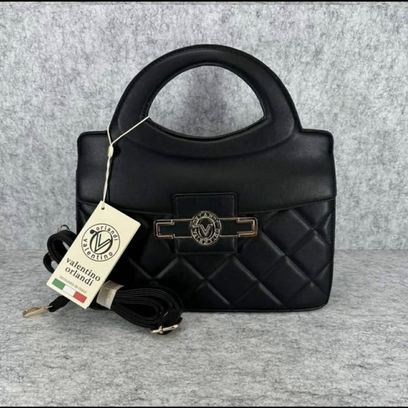 NEW! VALENTINO ORLANDI Quilted Vegan Crossbody Top Handle Bag Black Purse Iconic - Picture 2 of 6